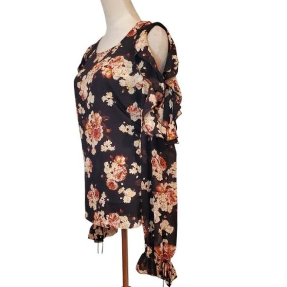 NEW ROSE & OLIVE SZ XL Floral Roses Pink Black Cold Shoulder Ruffles Blouse - Picture 2 of 7
